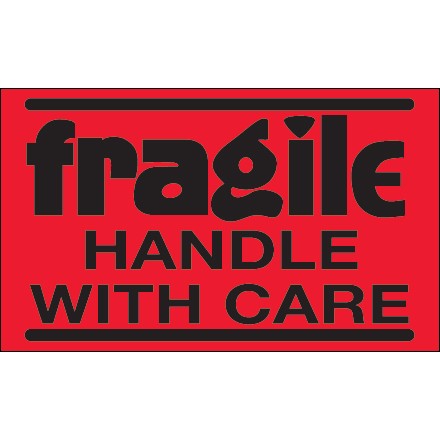 3" x 5" - "Fragile - Handle With Care" (Fluorescent Red) Labels