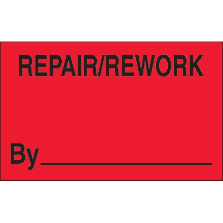 1 1/4" x 2" - "Repair/Rework By" (Fluorescent Red) Labels
