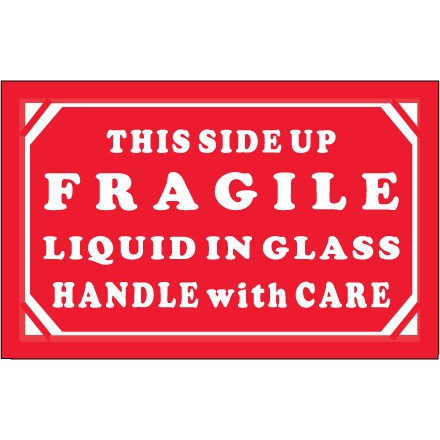 3" x 5" - "Fragile - Liquid in Glass - HWC" Labels