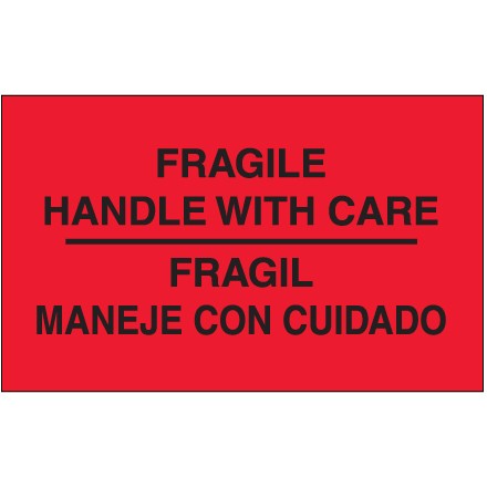 3" x 5" - "Fragil - Maneje Con Cuidado" (Fluorescent Red) Bilingual Labels