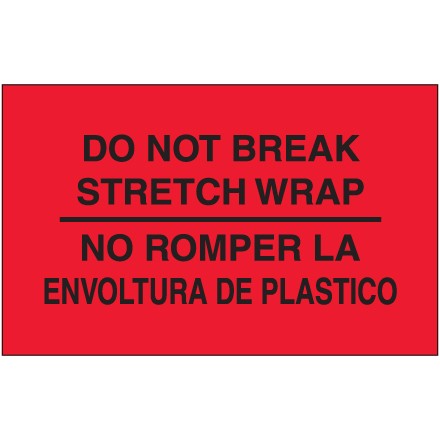 3" x 5" - "No Romper La Envoltura De Plastico" (Fluorescent Red) Bilingual Labels