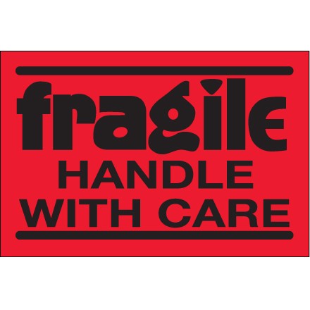 2" x 3" - "Fragile - Handle With Care" (Fluorescent Red) Labels