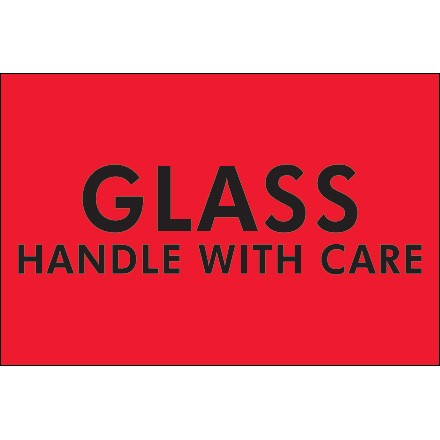2" x 3" - "Glass - Handle With Care" (Fluorescent Red) Labels