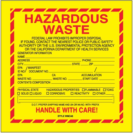 6" x 6" - "Hazardous Waste - California" Labels
